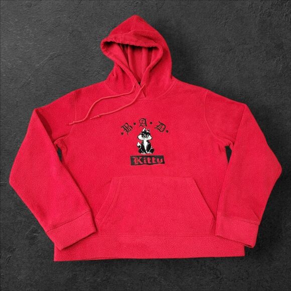 Looney Tunes Bad Kitty Fleece Hoodie Womens Large Embroidered Cat‎ Y2K Vintage - Picture 1 of 7